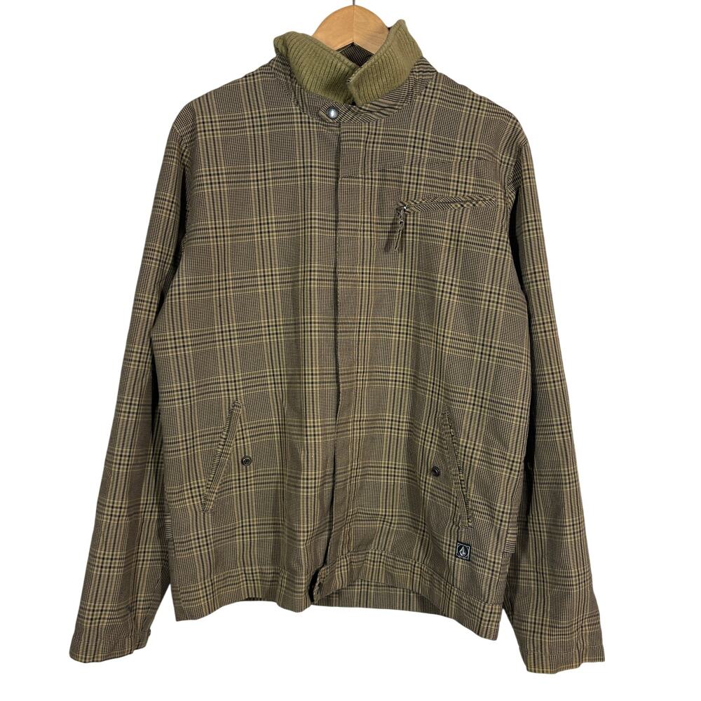 Volcom Full Zip Jacket Skate Surf Casual Plaid Olive Tan Black Knit Collar - M